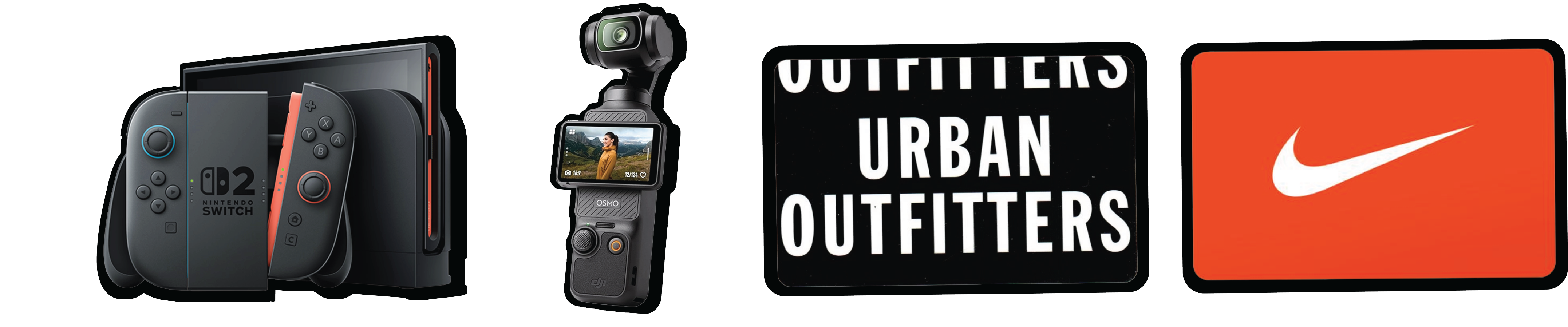 Photo of prizes - Nintendo Switch 2, DJI Osmo Pocket 3, Urban Outfitters Gift Card, Nike Gift Card